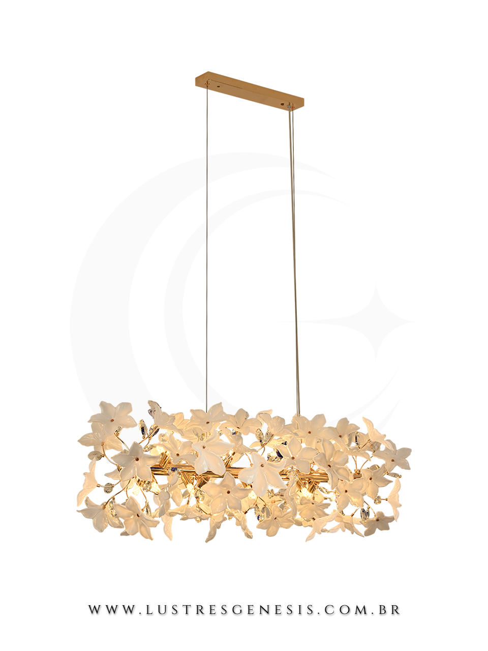 Lustre Pendente Retangular Flor de Lírio dourado e vidro branco com Lâmpada G9 Para Sala de Jantar